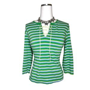 Y2K Mossimo Green + Yellow, Blue Stripe Laceup 3/4ths Sleeve Top Size Large